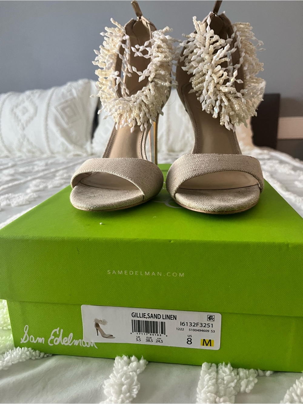 Sam Edelman Sand Linen Beaded Ankle-Strap Heels in Ivory Accent